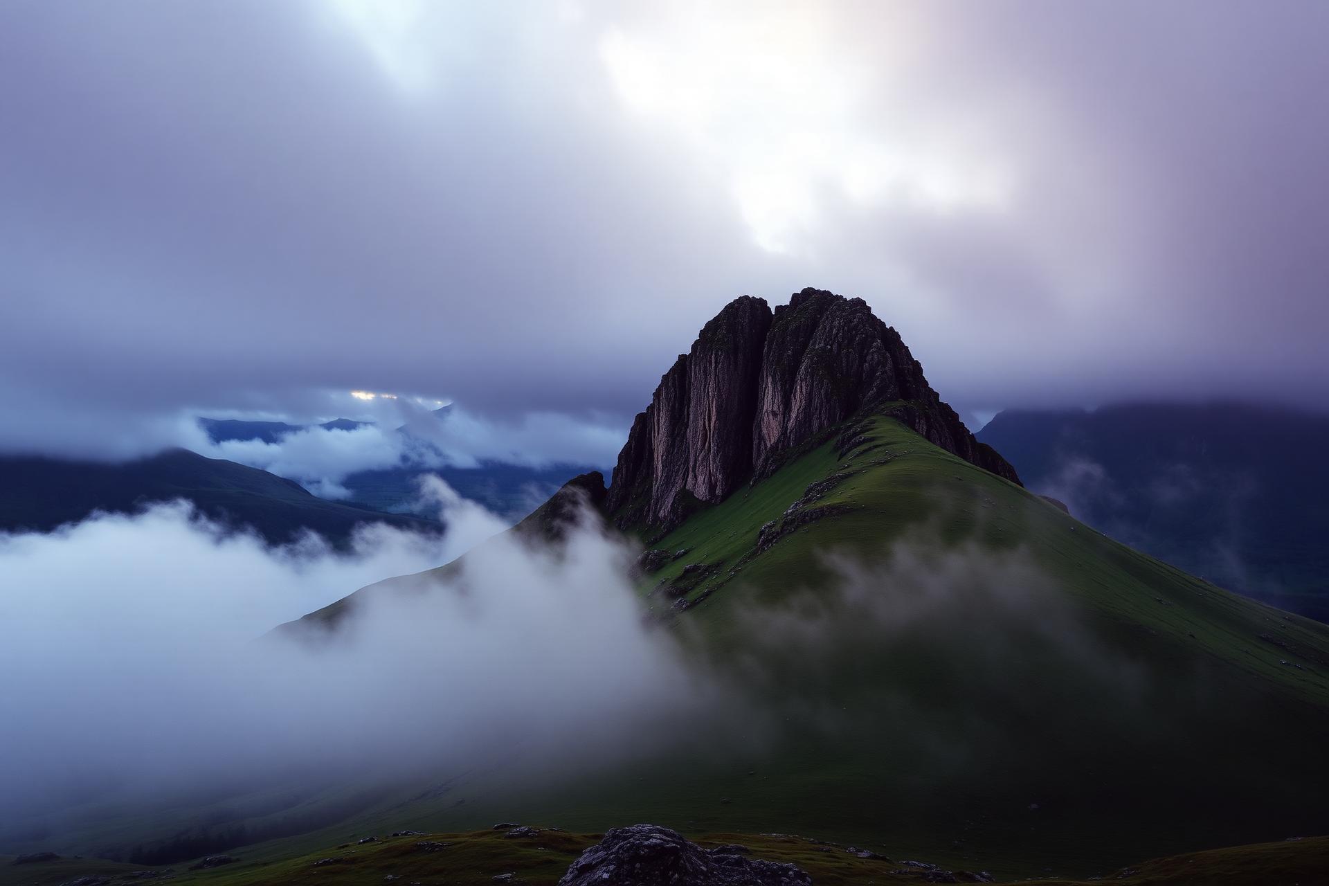 Misty peaks of the Isle of Skye at golden hour